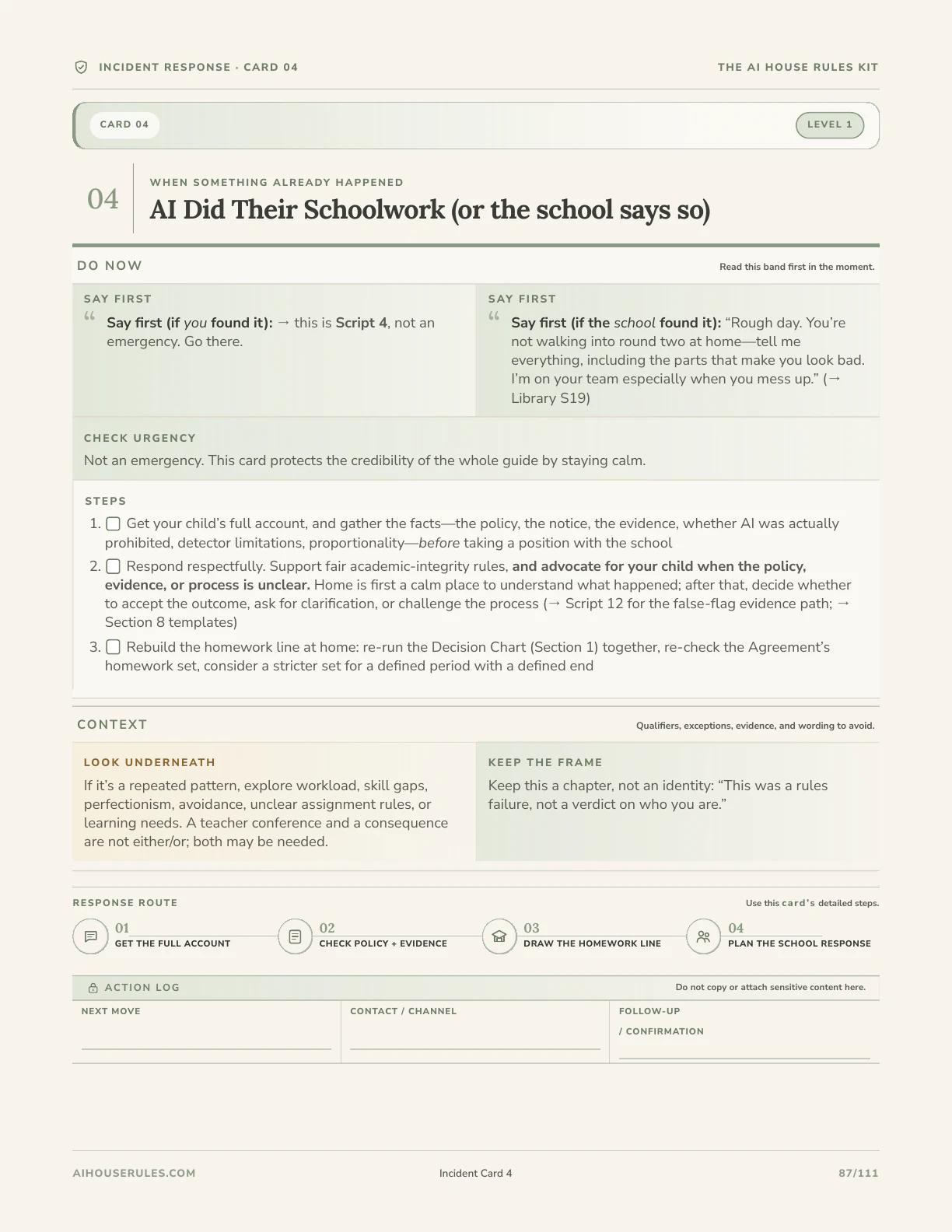 Full Incident Response Card 04, AI Did Their Schoolwork or the school says so, reproduced from page 87 of The AI House Rules Kit