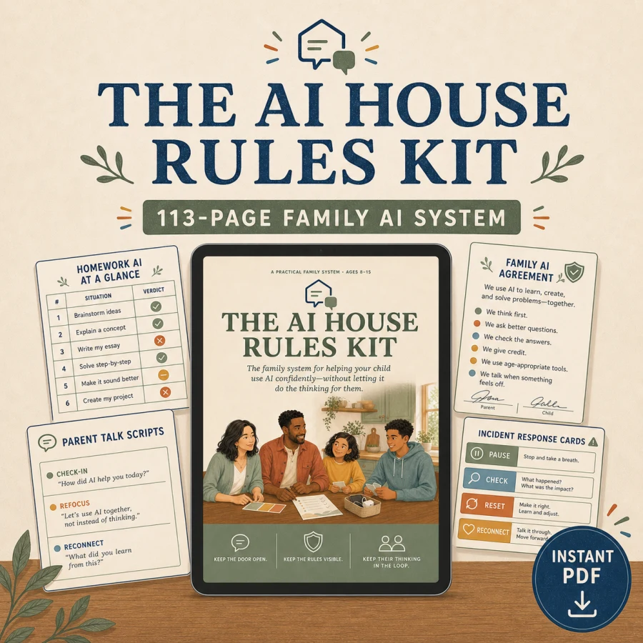 AI House Rules Kit product thumbnail showing the 113-page PDF, homework guide, conversation scripts, family agreement, and response cards
